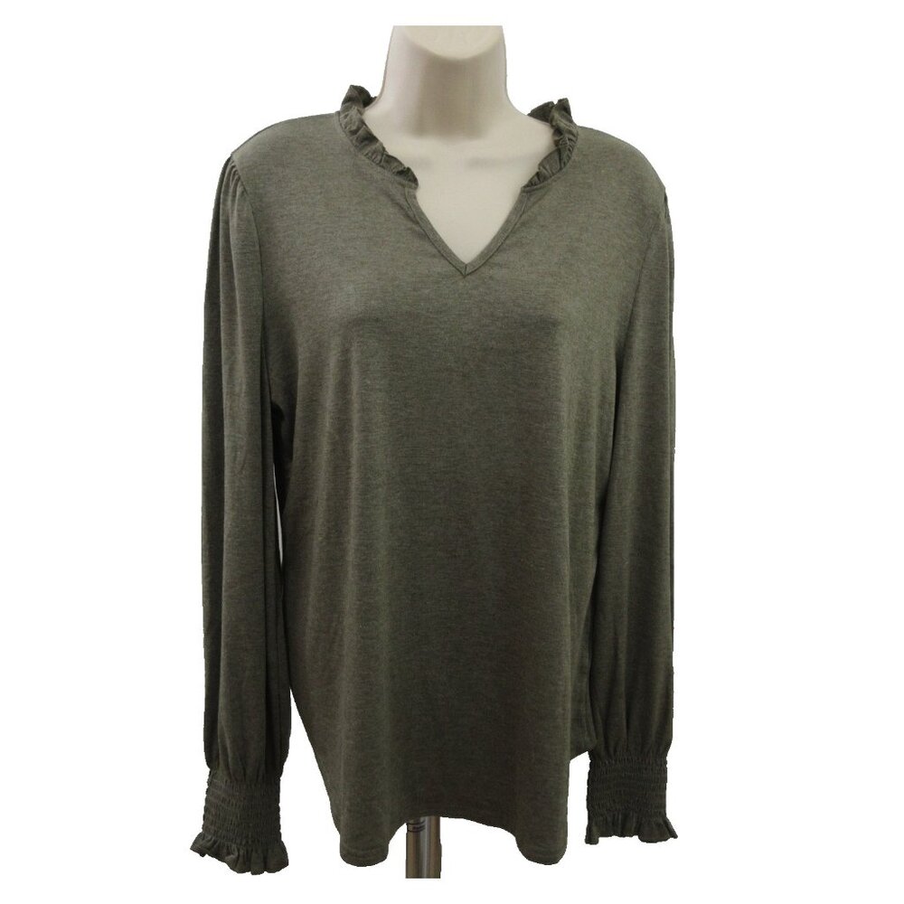 Women’s Blouse Size Large Taupe Ruffle V-Neck Long Sleeve Smocked Cuffs Top NWOT